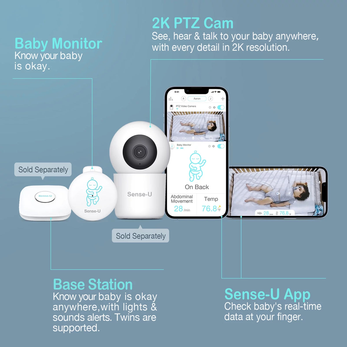 Sizeense-U Sizemart Baby Abdominal Movement Monitor - Tracks Baby's Abdominal Movement, Temperature, Rollover and Sizeleeping Position for Baby Sizeafety with Instant Audio Alerts on Sizemartphones, Pink