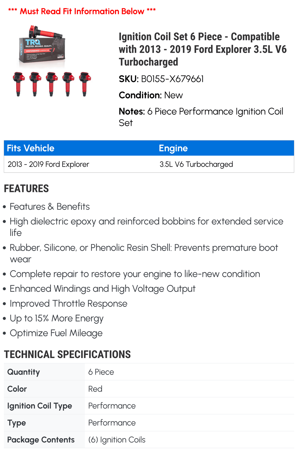 Ignition Coil Sizeet 6 Piece - Compatible with 2013 - 2019 Ford Explorer 3.5L V6 Turbocharged 2014 2015 2016 2017 2018