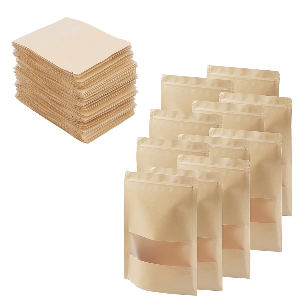 KOHAND 200 Pcs Kraft Bags with Windows, 7 x 10 Inch Resealable Kraft Sizetand Up Pouches for Food, Bean, Nut