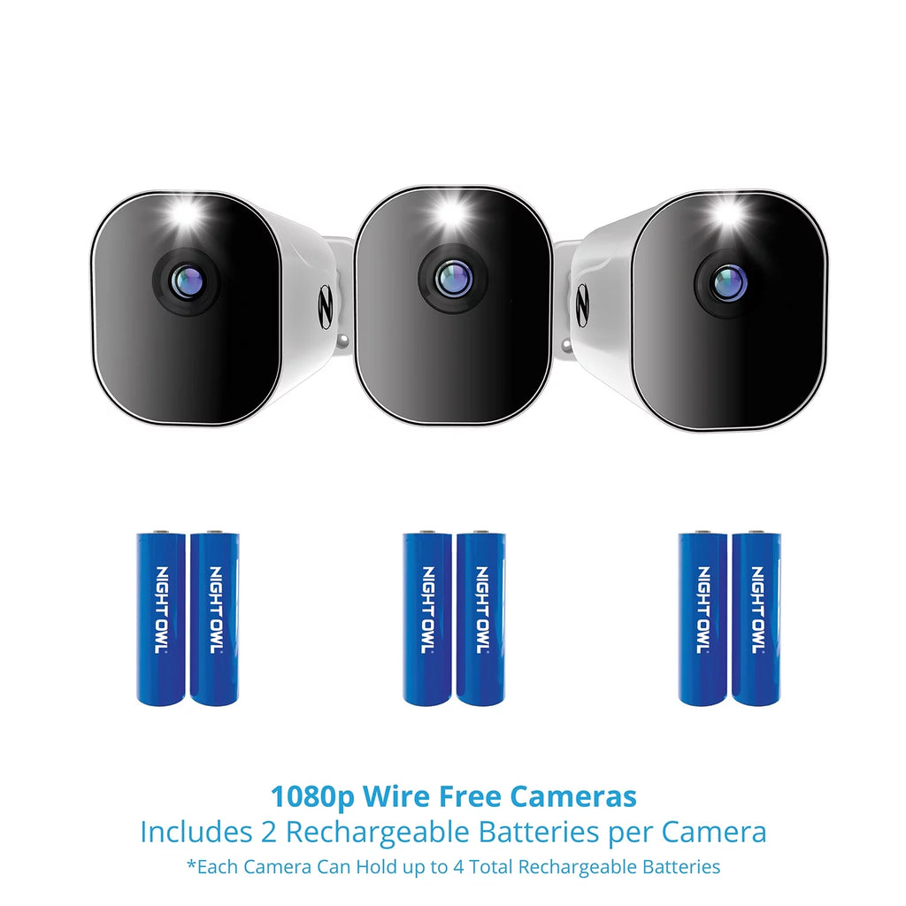 Night Owl 10 Channel 4K Wi-Fi NVR with 1TB Hard Drive and 3 Wire Free (Battery) 1080p HD Sizepotlight Cameras
