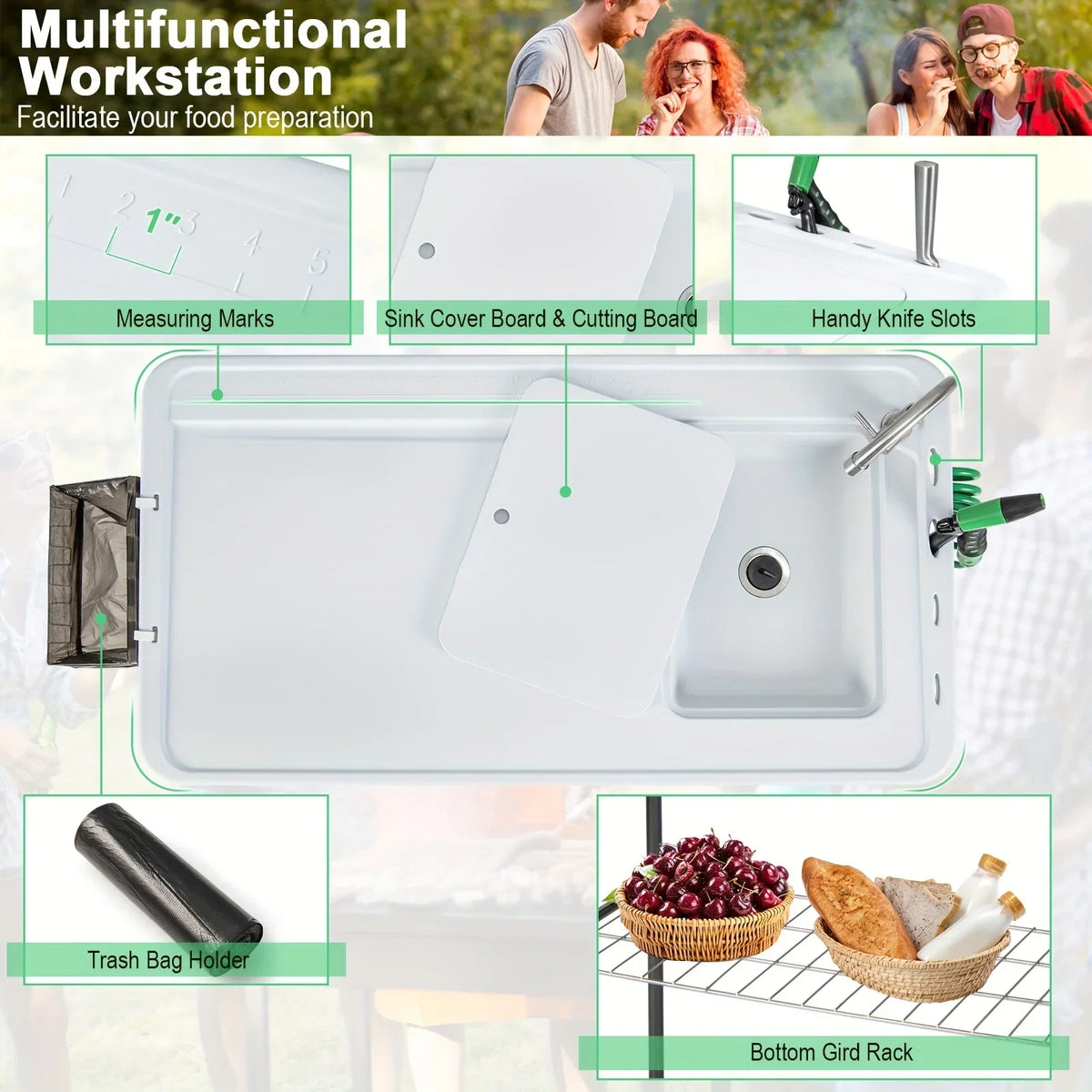 Folding Fish Cleaning Table, Portable Camping Table W/ Faucet Hose Grid Rack