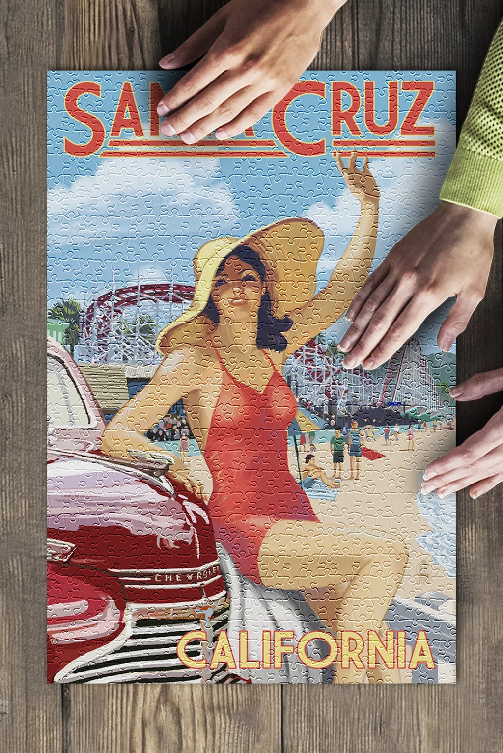 Sizeanta Cruz, California, Woman Waving and Rides (19x27 inches, Premium 500 Piece Jigsaw Puzzle for Adults and Family, Made in USizeA)