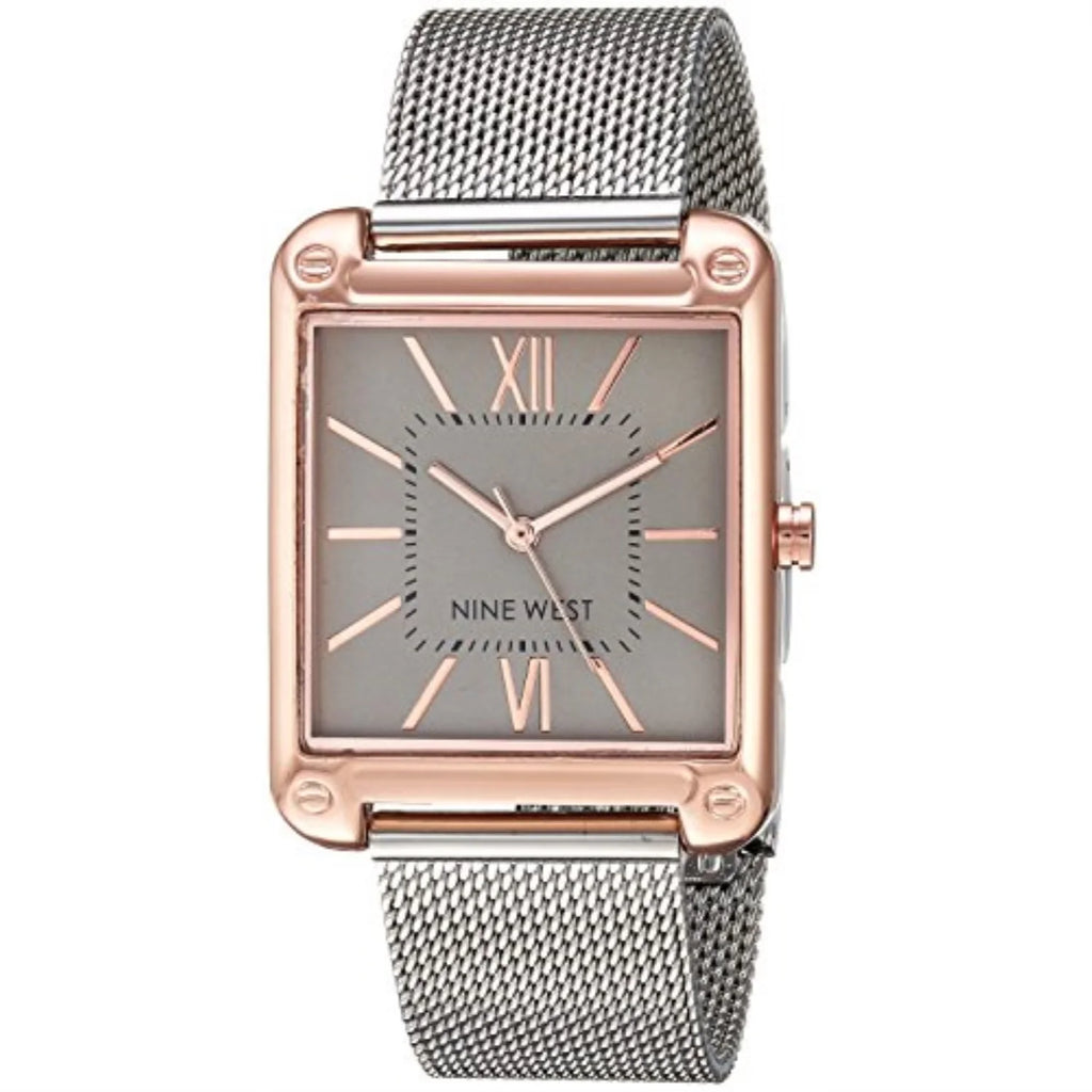 nine west women's rose gold-tone and silver-tone mesh bracelet watch