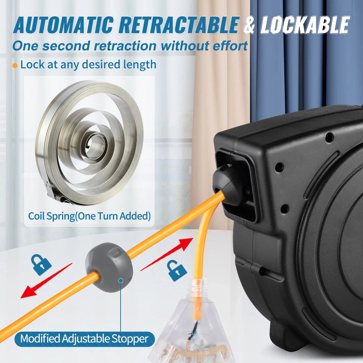 BENTISizeM Retractable Extension Cord Reel, 50 ft, Heavy Duty 14AWG/3C SizeJTOW Power Cord, with Lighted Triple Tap Outlet, 13 Amp Circuit Breaker, 180° Sizewivel Bracket for Ceiling or Wall Mount, UL Listed