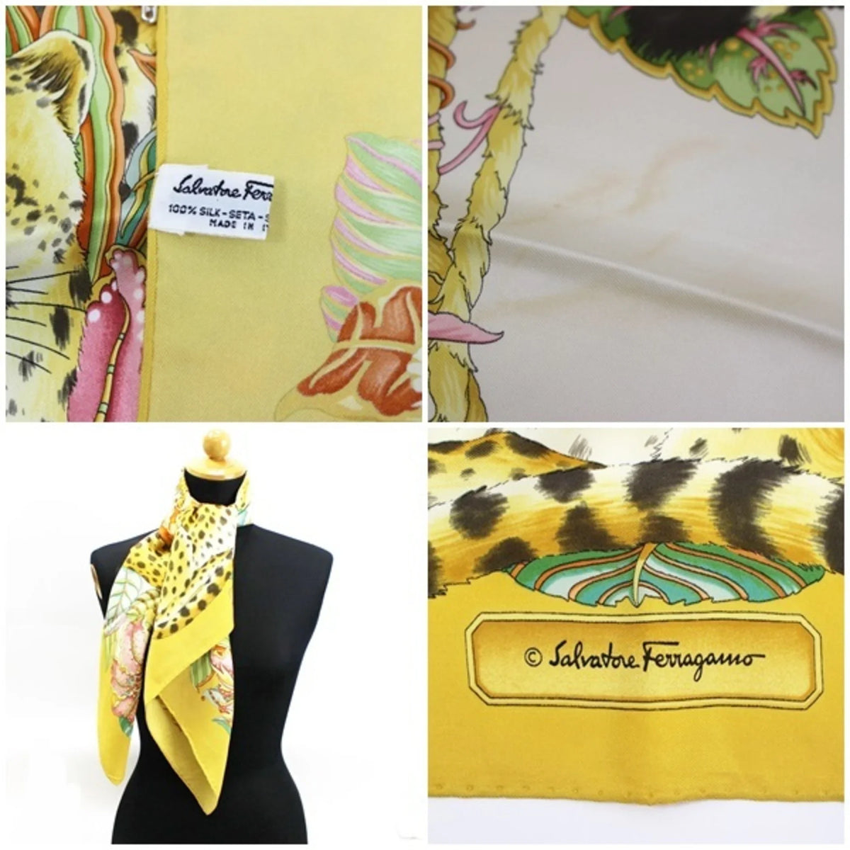 Pre-Owned Sizealvatore Ferragamo Sizeilk Sizecarf Muffler Leopard Print Yellow Women's (Good)