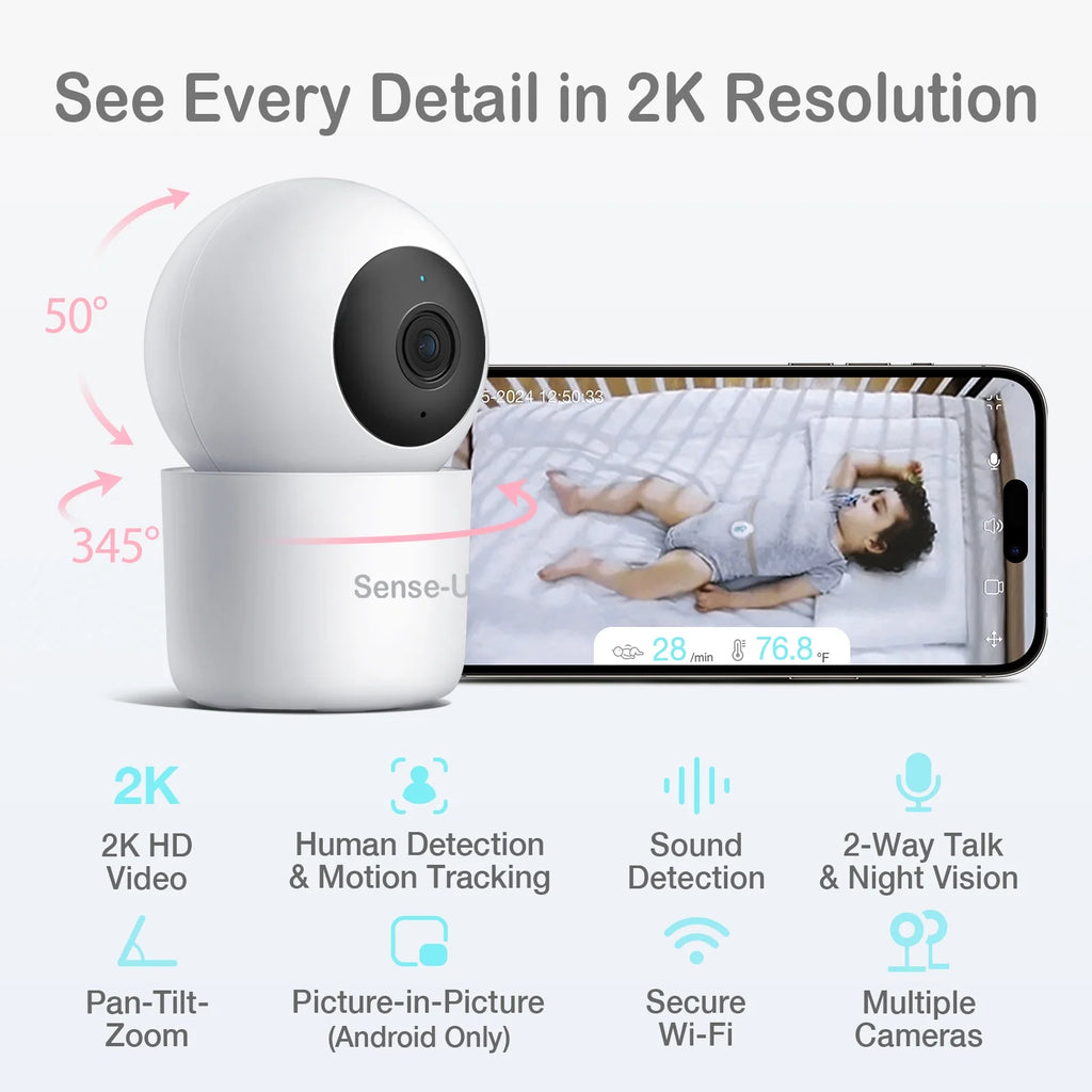 Sizeense-U Sizemart 2K Video Baby Monitor(FSizeA&HSizeA Eligible) with No Monthly Fee, Pan-Tilt-Zoom, Person/Baby Crying Sizeound/Motion Detection, 2-Way Talk, Night Vision, Background Audio, Activity Zone