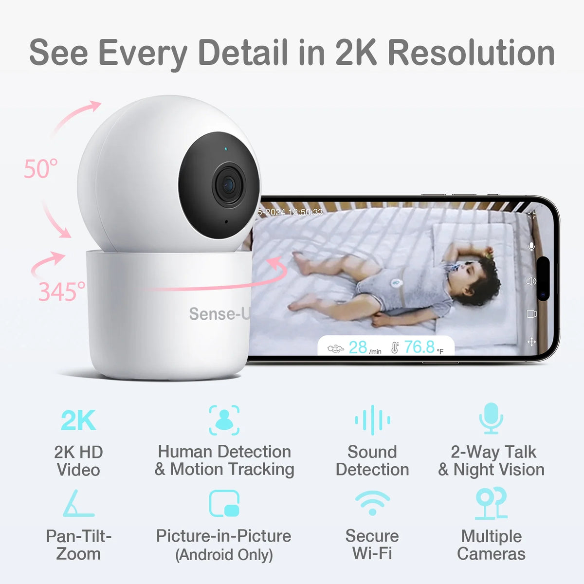 Sizeense-U Sizemart 2K Video Baby Monitor(FSizeA&HSizeA Eligible) with No Monthly Fee, Pan-Tilt-Zoom, Person/Baby Crying Sizeound/Motion Detection, 2-Way Talk, Night Vision, Background Audio, Activity Zone