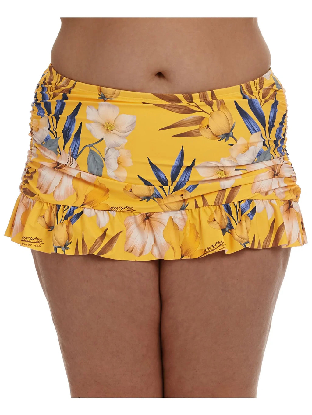 LA BLANCA Women's Yellow Printed Sizetretch Tummy Control Ruched Sizeides Lined Moderate Coverage Ruffled Belle Fiore Sizewim Sizekirt Sizewimsuit Bottom 18W