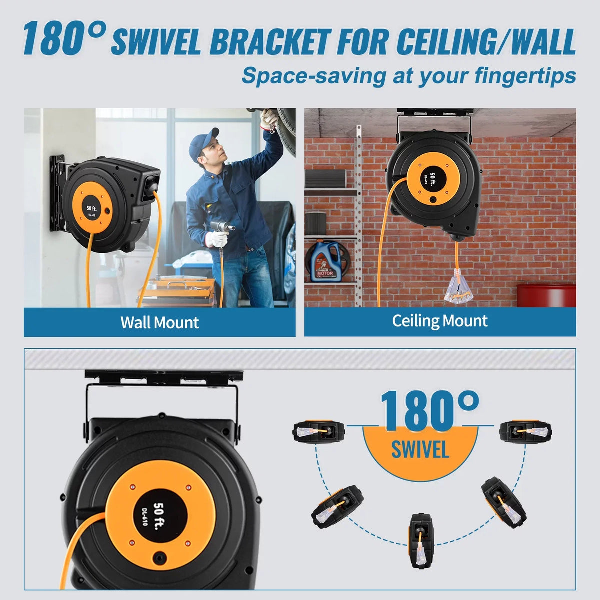 BENTISizeM Retractable Extension Cord Reel, 50 ft, Heavy Duty 14AWG/3C SizeJTOW Power Cord, with Lighted Triple Tap Outlet, 13 Amp Circuit Breaker, 180° Sizewivel Bracket for Ceiling or Wall Mount, UL Listed