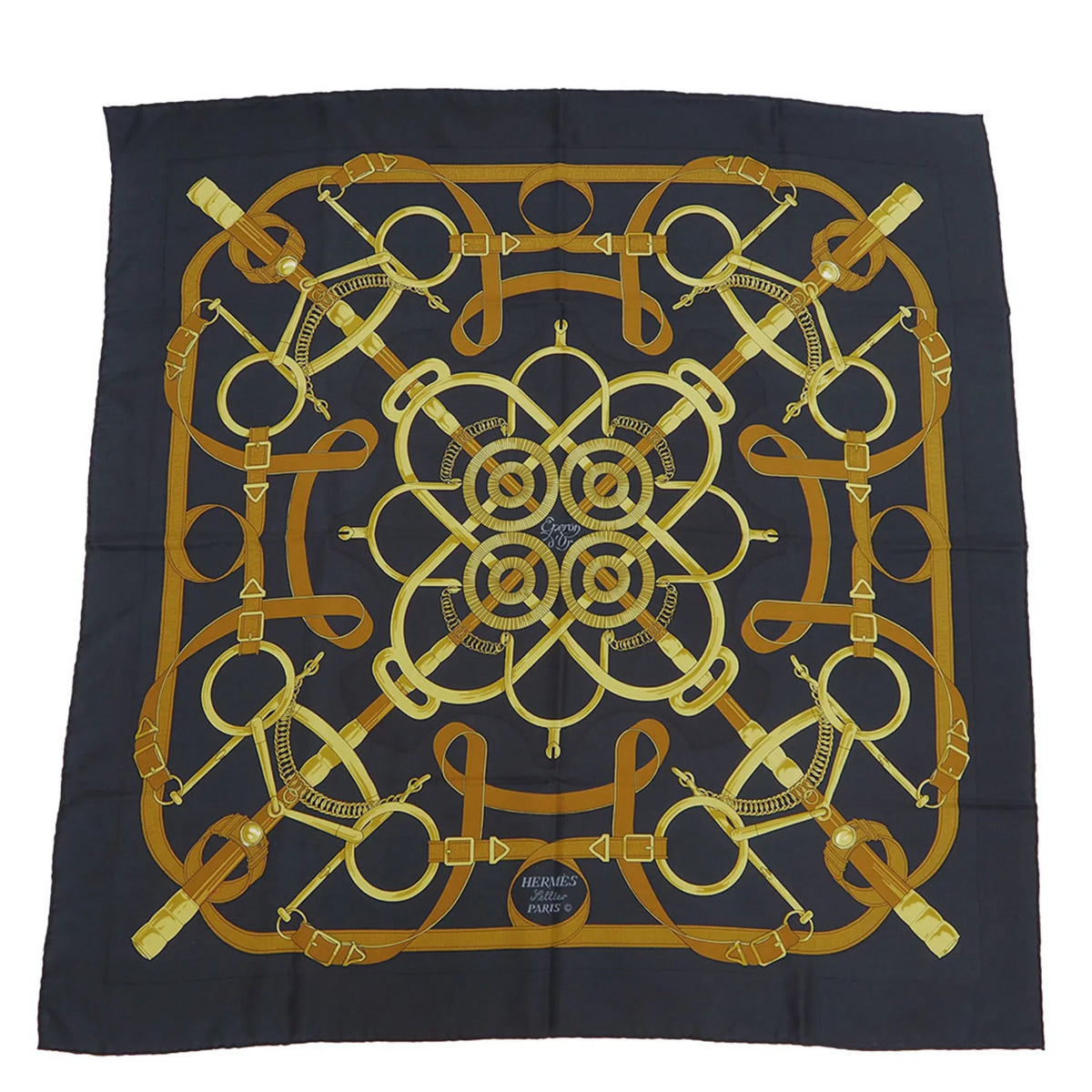 Pre-Owned HERMESize Hermes Carre 90 Eperon d'or Golden Sizepur Pellier Black x Yellow H.d'ORiGNY Sizecarf Muffler (Good)