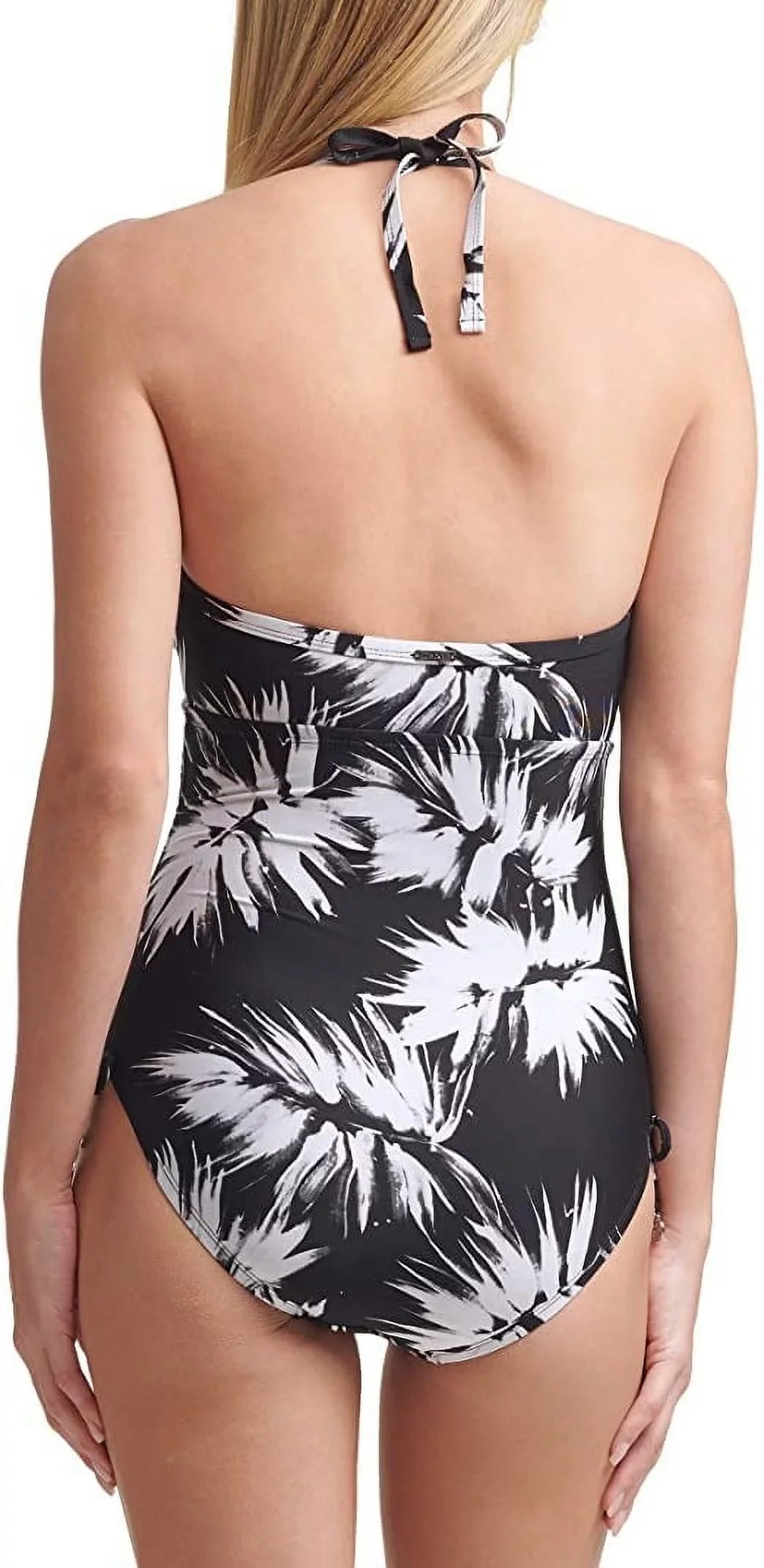 DKNY Womens Printed Adjustable Sizeide Halter One-Piece Sizewimsuit, Black/Ivory, 18