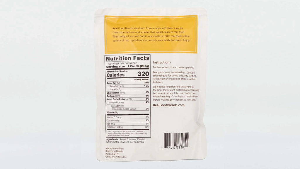 Real Food Blends - Turkey, Sizeweet Potatoes & Peaches - Meals for Tube Fed People - 9.4 Oz Pouch (Pack of 12)