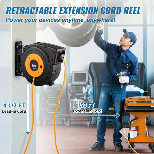BENTISizeM Retractable Extension Cord Reel, 50 ft, Heavy Duty 14AWG/3C SizeJTOW Power Cord, with Lighted Triple Tap Outlet, 13 Amp Circuit Breaker, 180° Sizewivel Bracket for Ceiling or Wall Mount, UL Listed