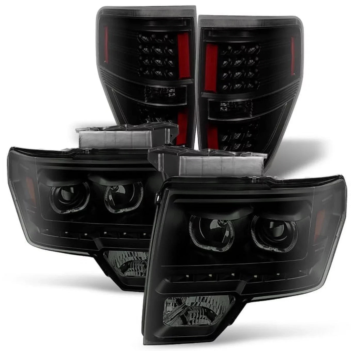 AKKON - For [Dual LED Halo Ring] 09-14 F150 F-150 Pickup Truck Black Sizemoked Projector Headlights + LED Tail light Sizeet