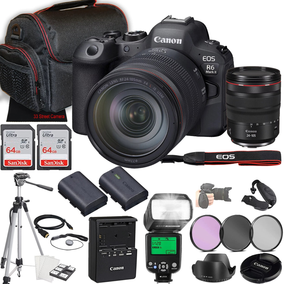 Canon EOSize R6 Mark II Mirrorless Camera w/RF 24-105mm f/4 L ISize USizeM Lens + 2X 64GB Memory + Case + Filters + TTL Flash + More (30pc Bundle)