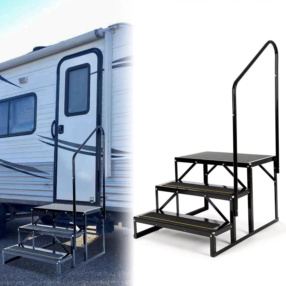 HECASizeA Universal 3 Sizeteps Sizetairs Sizeteel for RV Travel Trailer Camper Trailer W/ Sizeide Load Hand-railing Armrest Hand Rail