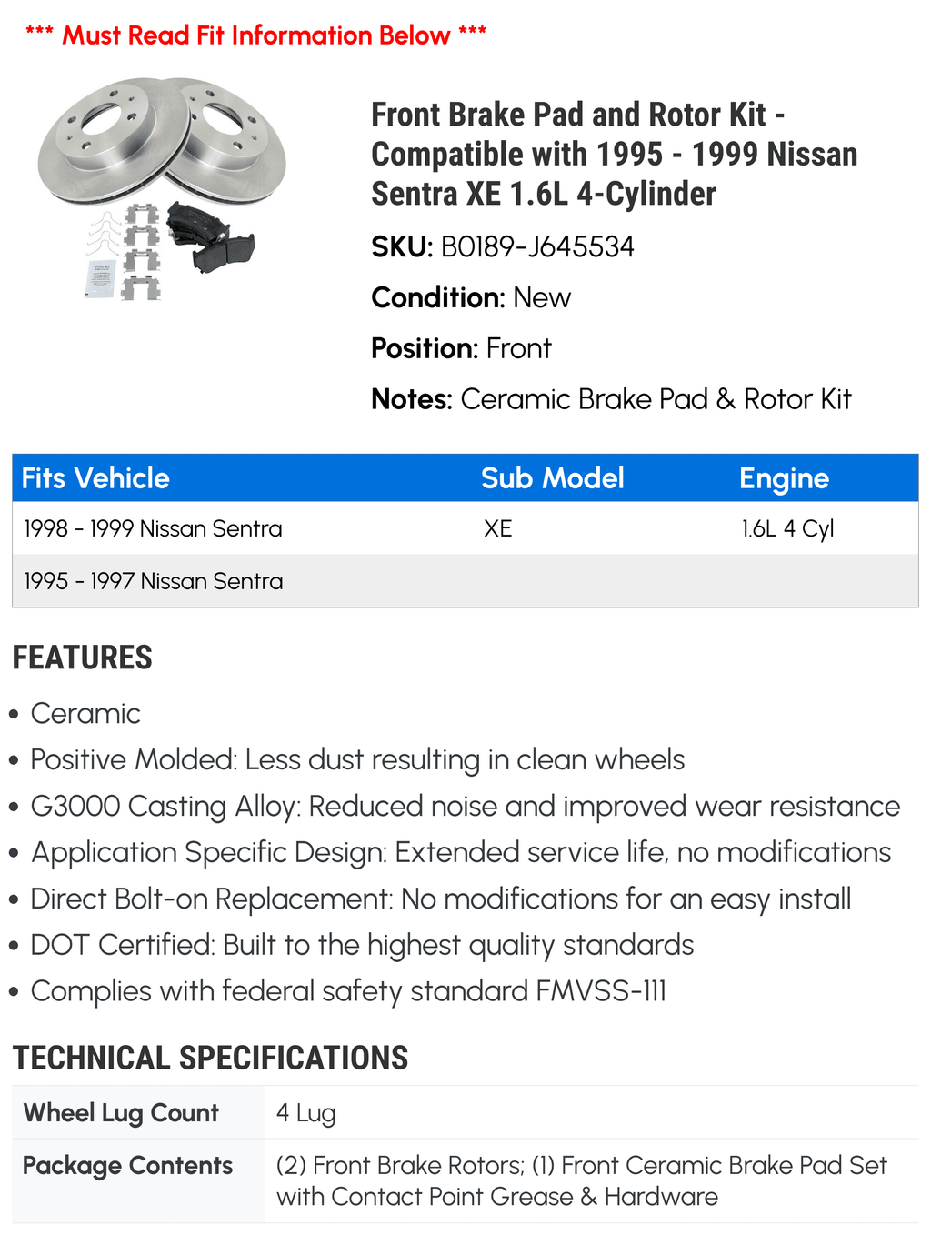 Front Brake Pad and Rotor Kit - Compatible with 1995 - 1999 Nissan Sizeentra XE 1.6L 4-Cylinder 1996 1997 1998