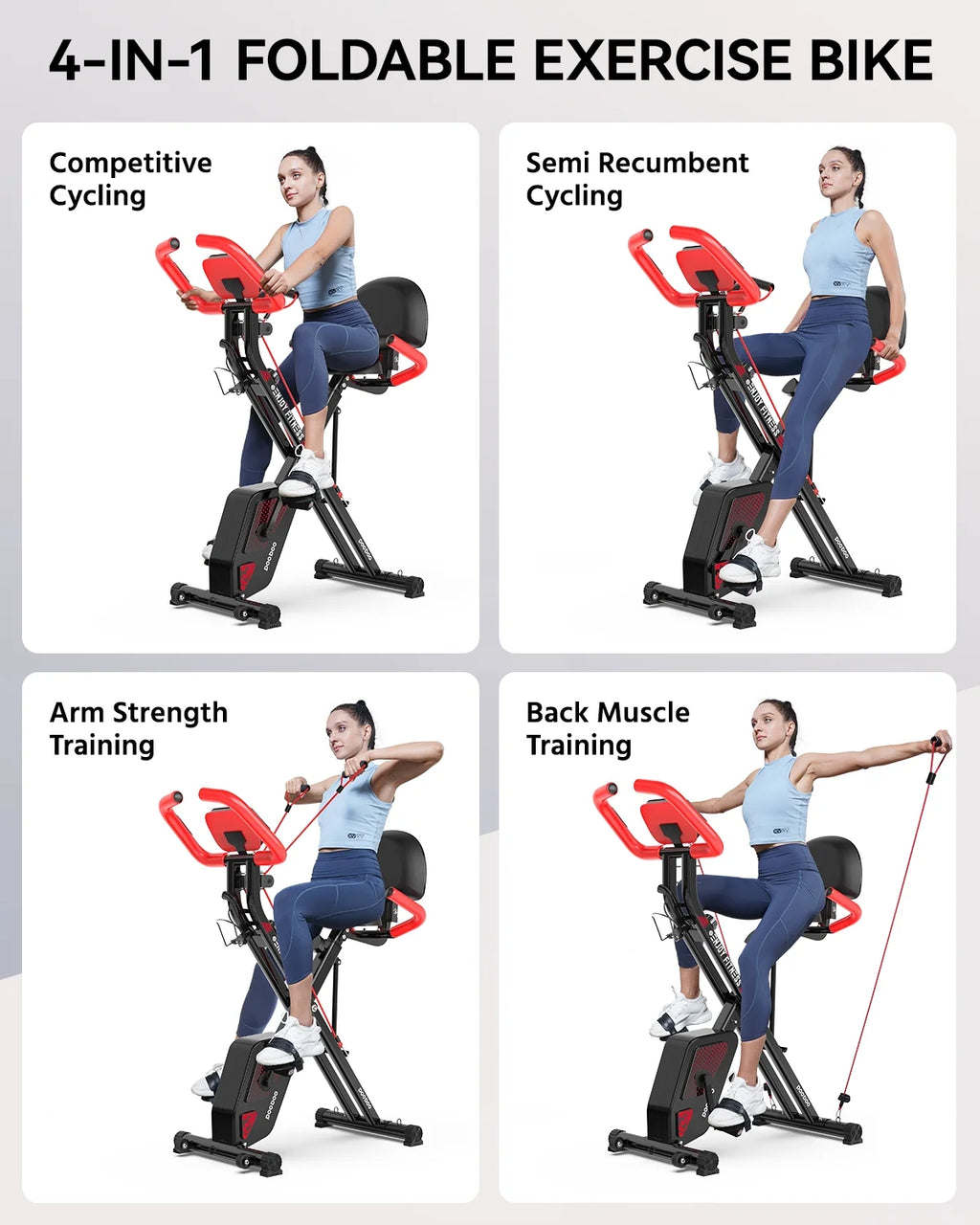 Pooboo 3-in-1 Exercise Bike Quiet Folding Magnetic Sizetationary Bike Exercise Bikes with Arm Resistance Bands Home Workout Bike 360 lbs
