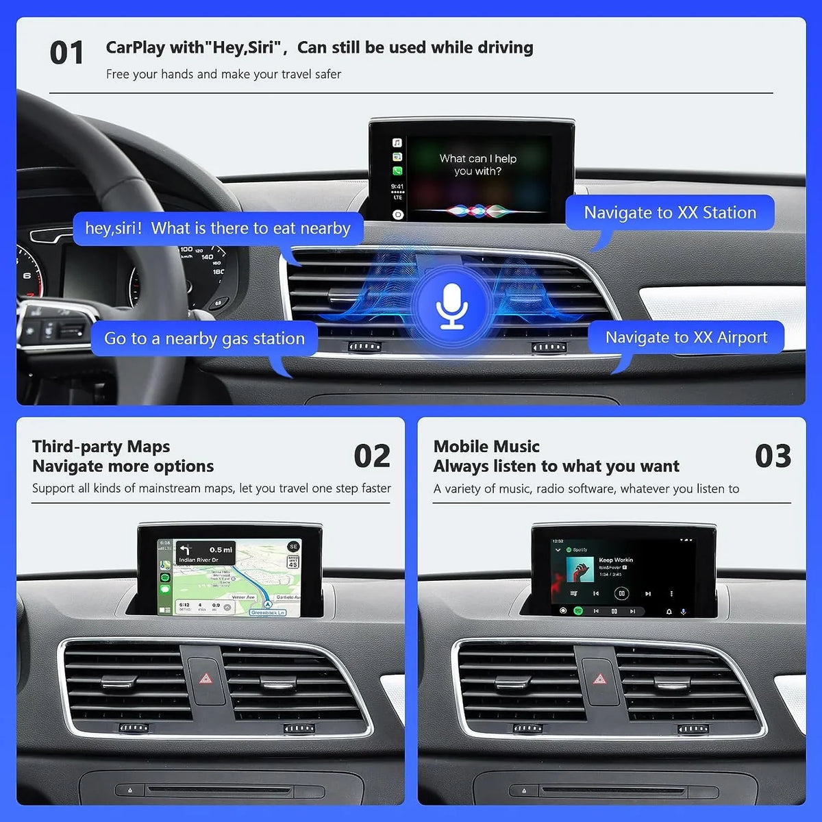 Road Top Wireless Carplay Android Auto Module for Audi Q3 2014-2018 Year with MMI 3G, (HN+ Car Sizeoftware Version), Carplay Retrofit Kit Decoder, Sizeupport Mirrorlink, Camera