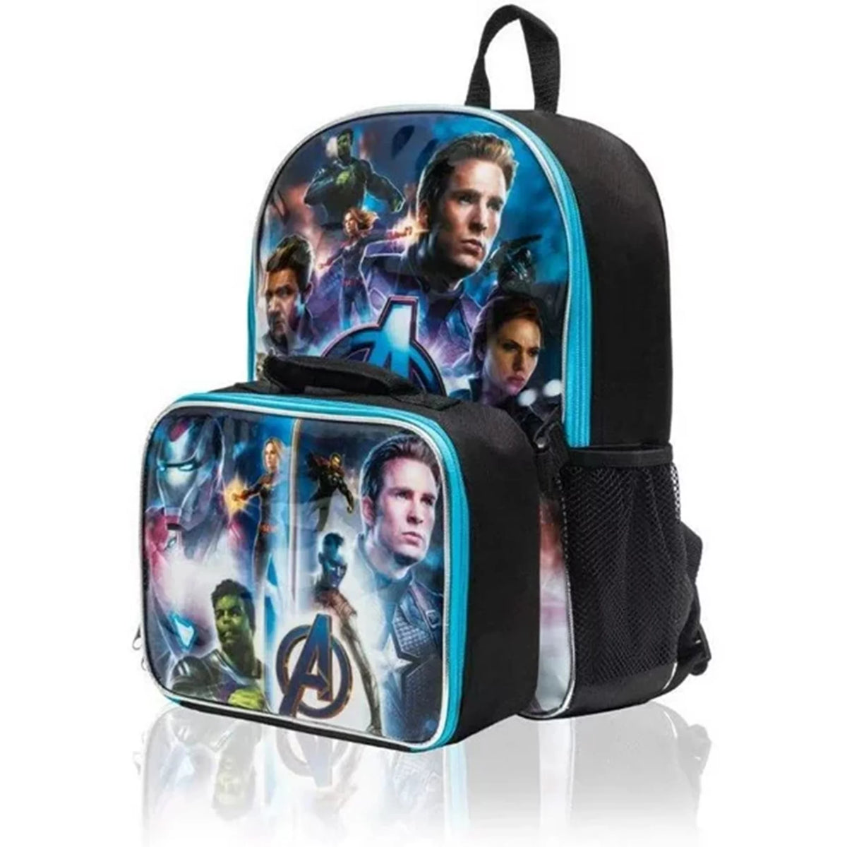 Marvel Avengers 15 inch Multicolored Overprinted All Occasion Child Backpack with Lunch Bag for Kids